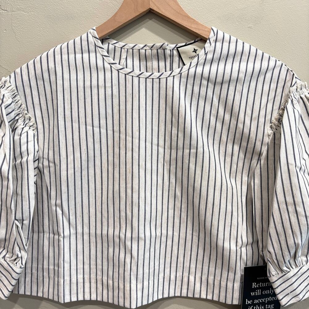 NWT Tuckernuck Edie Linen Puff Sleeve Crop Top in Blue Stripe - Size: Medium - Picture 6 of 12